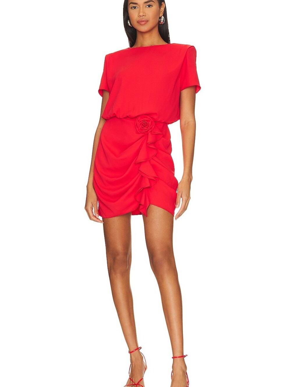 Amanda Uprichard Red Short-Sleeve Mini Dress with Rosette & Ruffle - Picture 3 of 11